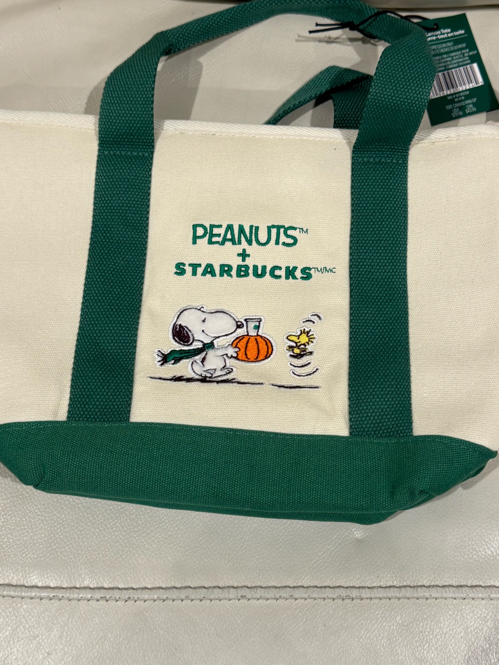 Starbucks Peanuts Cream Tote with Dark Green Accents